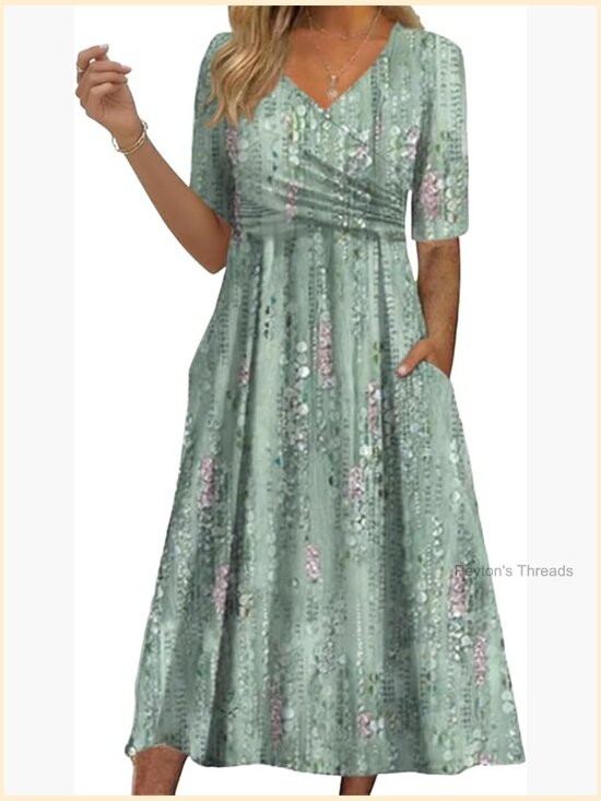 Dresses & Skirts - Pleated 3/4 Sleeve Midi Dress with Side Pockets